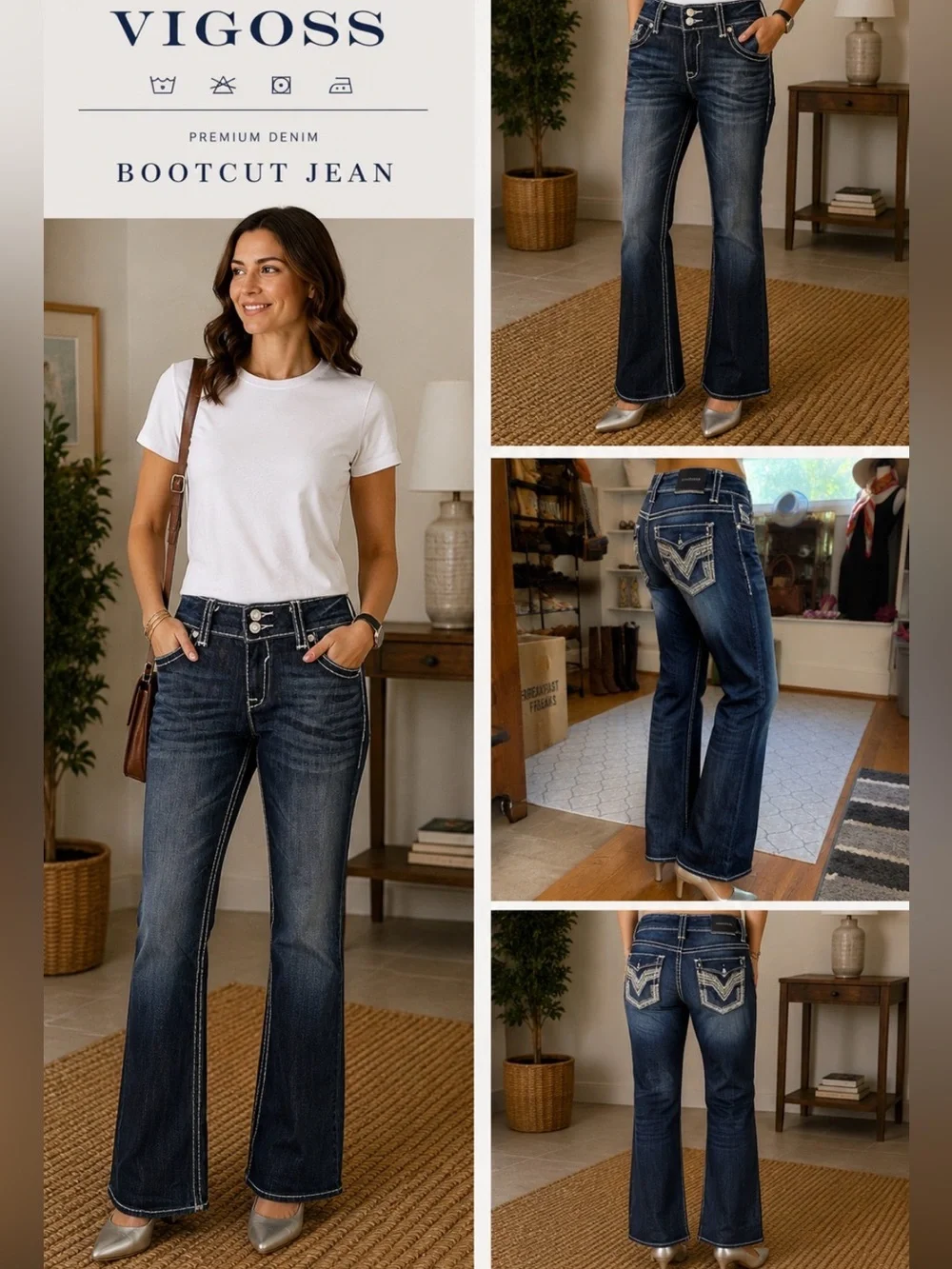 Vigoss Premium Denim Bootcut Jeans Size 32/33 Dark Wash Embellished Pocket Jeans